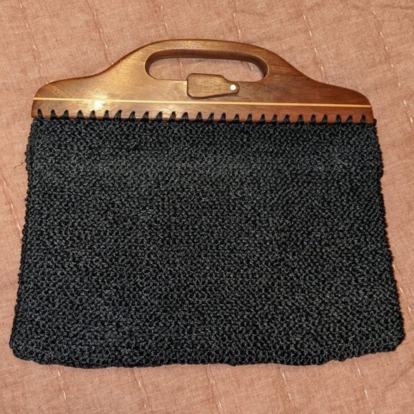 Vintage 1940s Crochet Evening Bag With Wooden Handles and Coin Purse, Clutch - Picture 1 of 8
